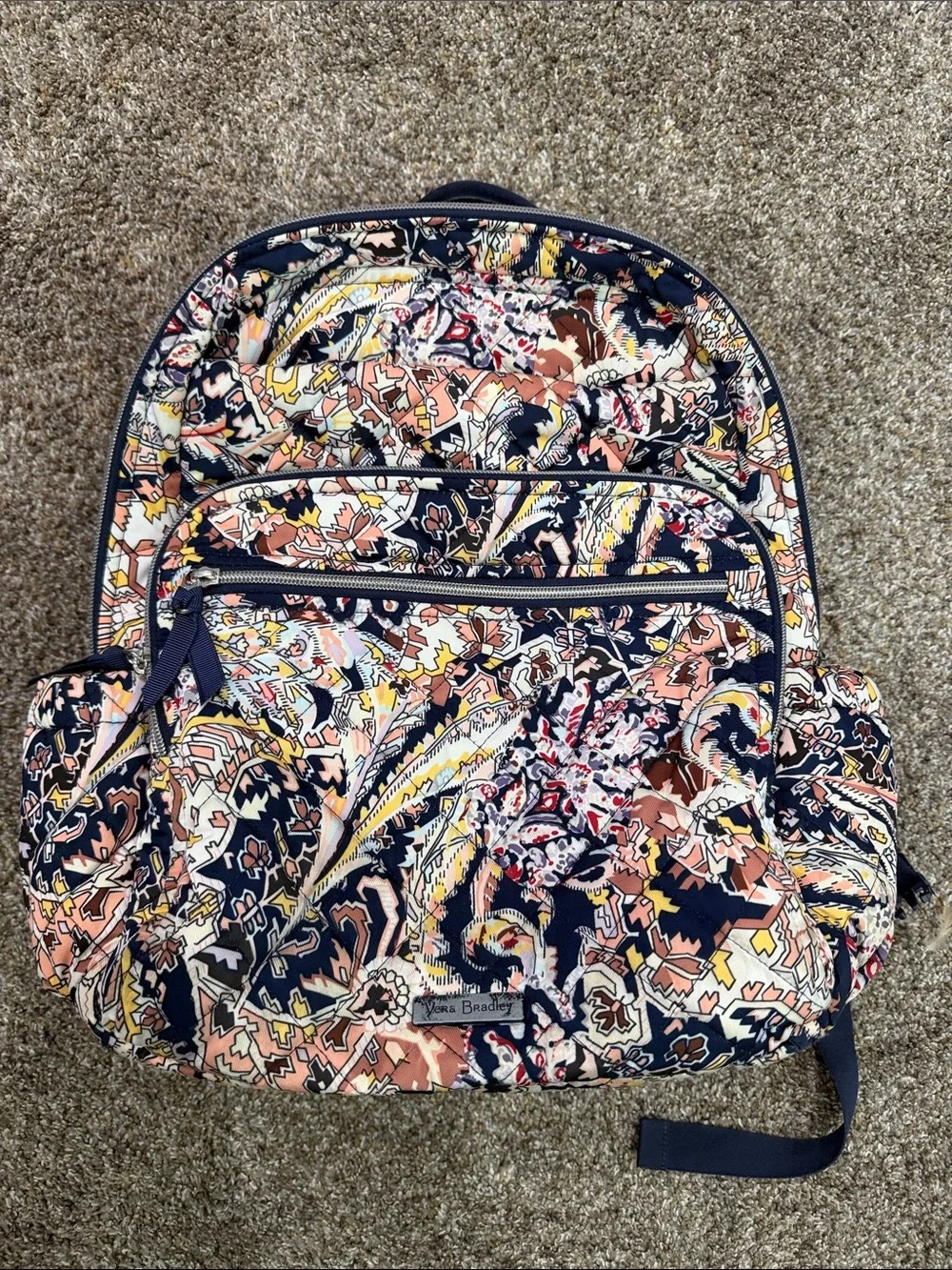 Vera Bradley Multicolor Paisley Print Backpack with Navy Trim. Very Large.